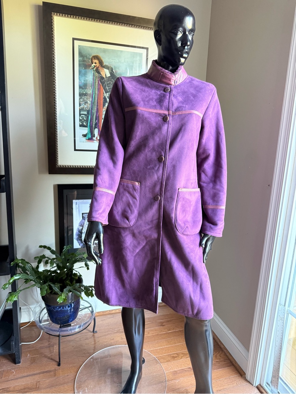 CARUSO Chang Kwang Hyo Purple Faux Suede Sherpa Lined Designer Coat